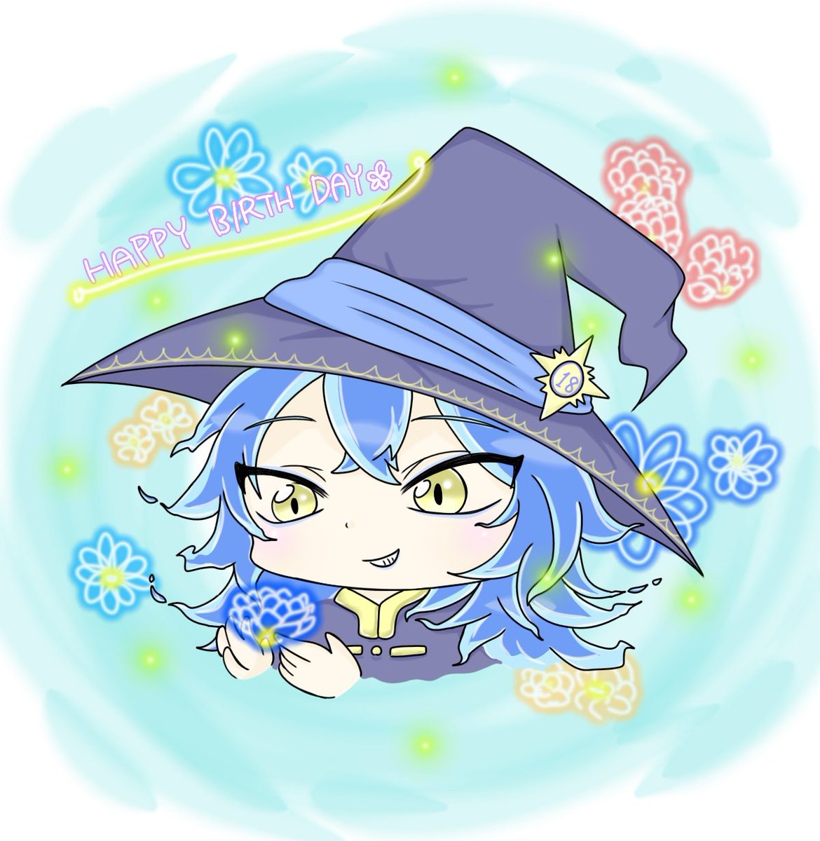 blue hair 1girl hat witch hat solo yellow eyes smile  illustration images