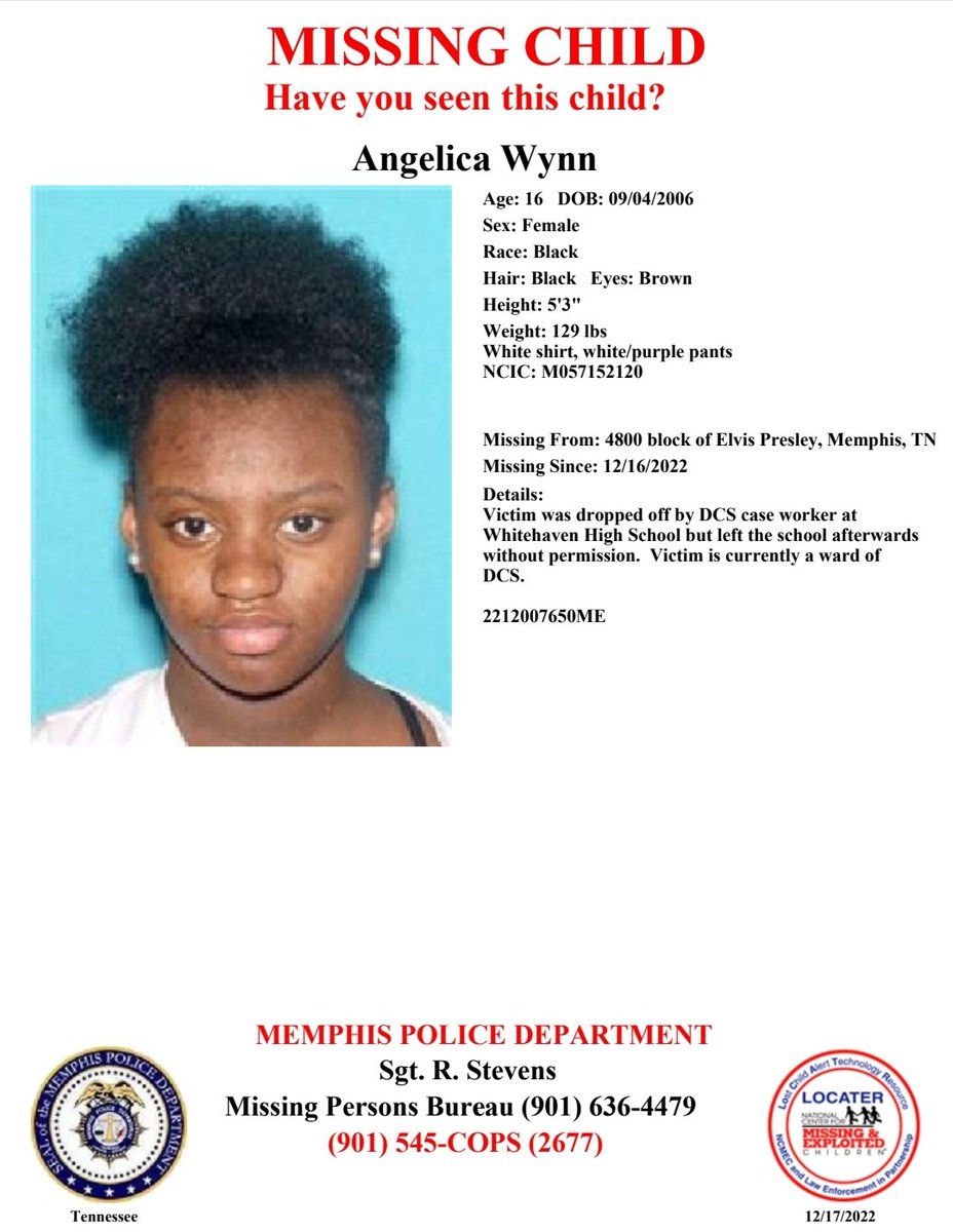 Have you seen Angelica Wynn?
Report #2212007650ME 

Wynn left school on December 16, 2022, without permission.