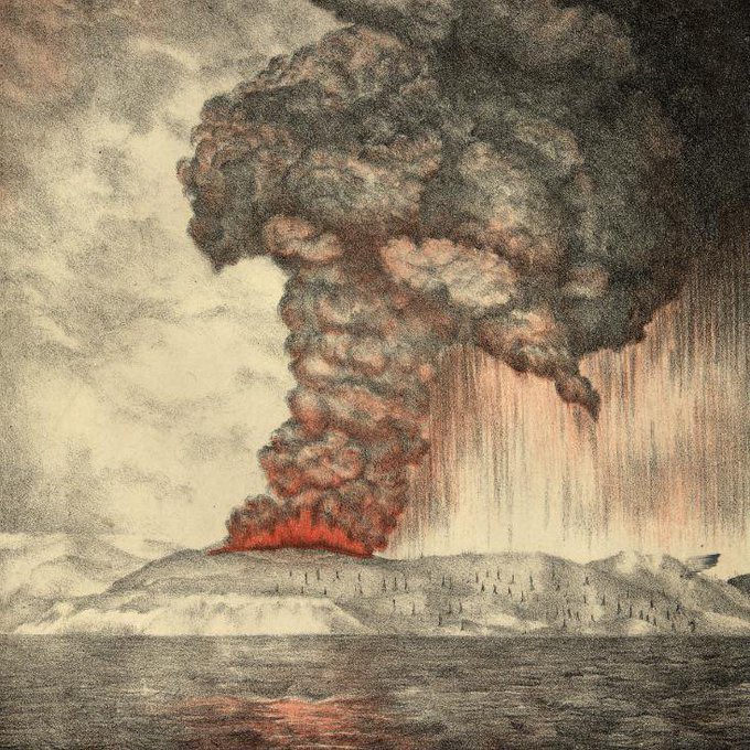 Crypto_HF's tweet photo. El sonido más fuerte conocido del mundo. Cuando el volcán Krakatoa entró en erupción en 1883, el sonido de la explosión fue tan fuerte que rompió los tímpanos de personas a 40 millas de distancia, dio cuatro vueltas al mundo y se escuchó claramente a 5000 km de distancia #Hoy https://t.co/WuedmzyNRk