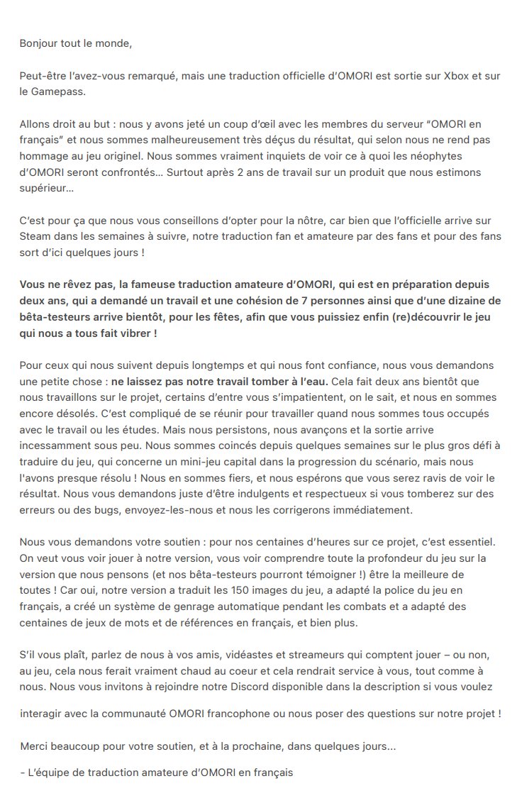 Concernant le projet de traduction
À très bientôt ! #OMORI