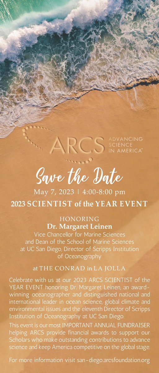 SanDiegoARCS's tweet image. Mark your calendars and join us on May 7, 2023 for an IN-PERSON celebration of our 2023 #ARCS Scientist of the Year: @Leinen4ocean @Scripps_Ocean
@ARCSFoundation #STEMsupport #STEMinnovation