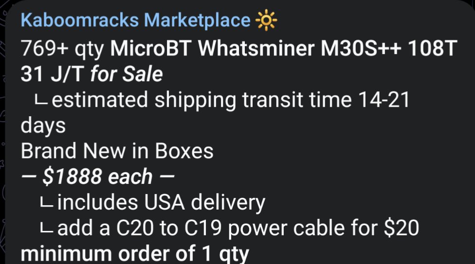 BTCsessions's tweet photo. It now costs $1888 to buy a @Whatsminer_MBT m30s++ on @kaboomracks (just one of a multitude of options) and be a part of the growing energy base that secures the world's settlement layer. Bonus: monetary policy actually immutable, no controlling foundation, no cantillon effect. https://t.co/i1MZIKjJda