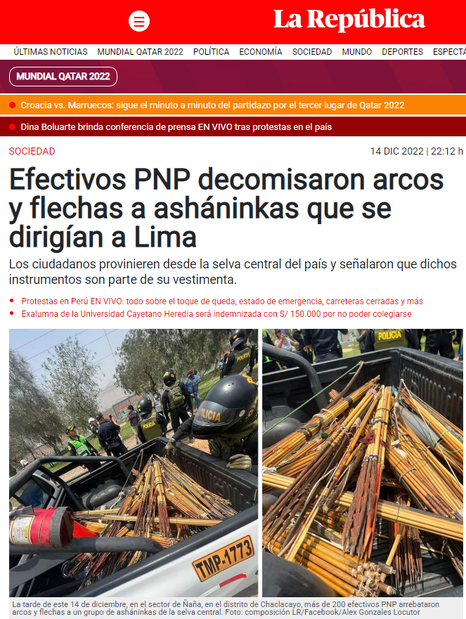 El comandante general de la PNP, Raúl Alfaro, dice que ayer un grupo de indígenas asháninkas se "unieron" a la "marcha por la paz" de ayer. Falso. Dos asháninkas entrevistados por <a href="/WaykaPeru/">🇵🇪 Wayka</a> dijeron que "un coronel" los había llevado. Y días antes fueron intervenidos.