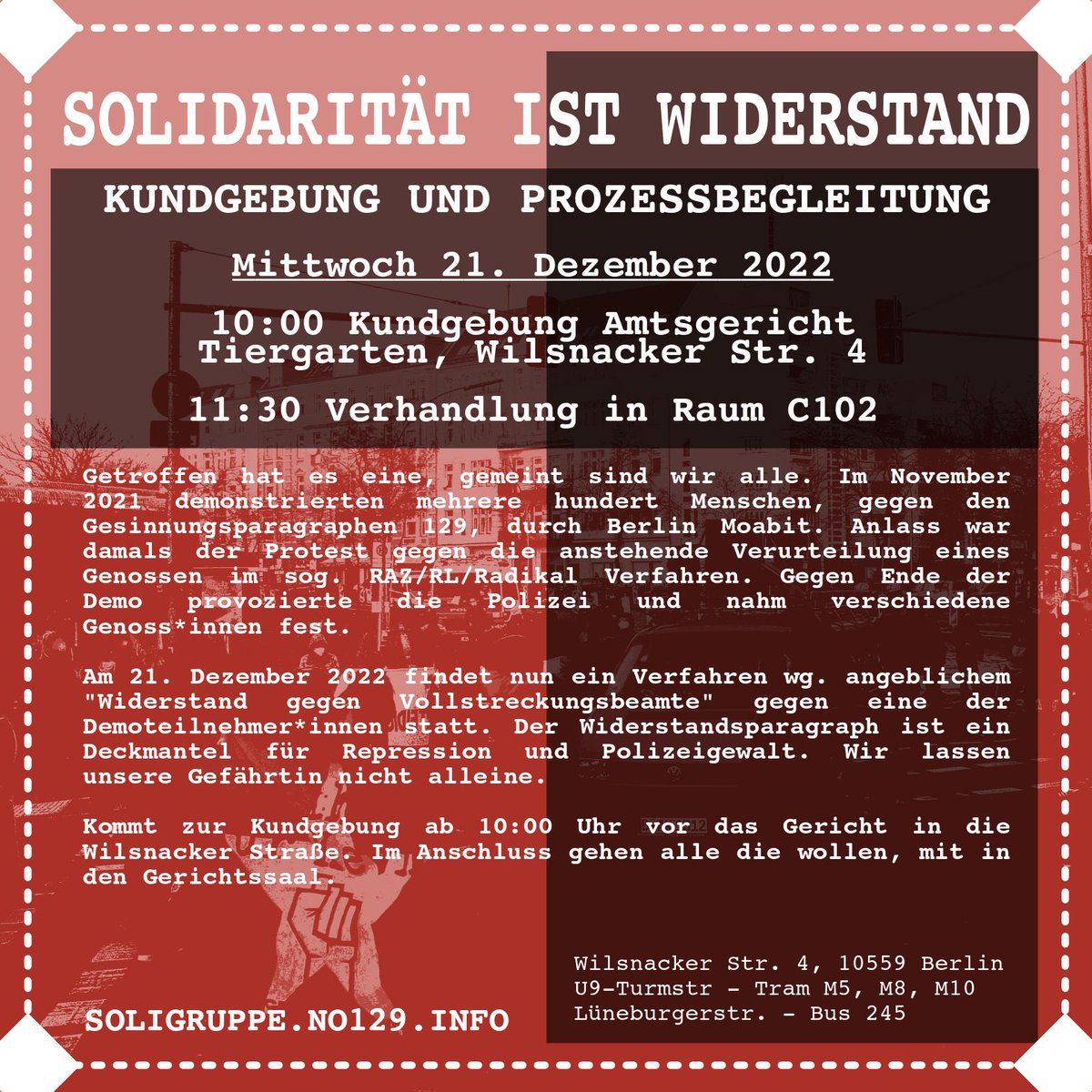 aemk2021's tweet image. 📢21.12.2022 10:00
🚨 Solidarity is Resistance 🚨
#b2112
An injury to us is an injury to all! In November 2021, several hundred people demonstrated against the paragraph 129 in Berlin Moabit. The event was the protest against the imminent conviction of a comrade+