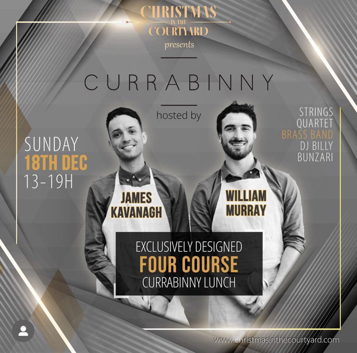 Currabinny Lunch 🎤 Hosted by James Kavanagh 

Christmas in the Courtyard is delighted to present - The Currabinny Lunch, hosted by @jamesalankavanagh 

Direct Link: christmasinthecourtyard.ie/2022/11/30/jam…