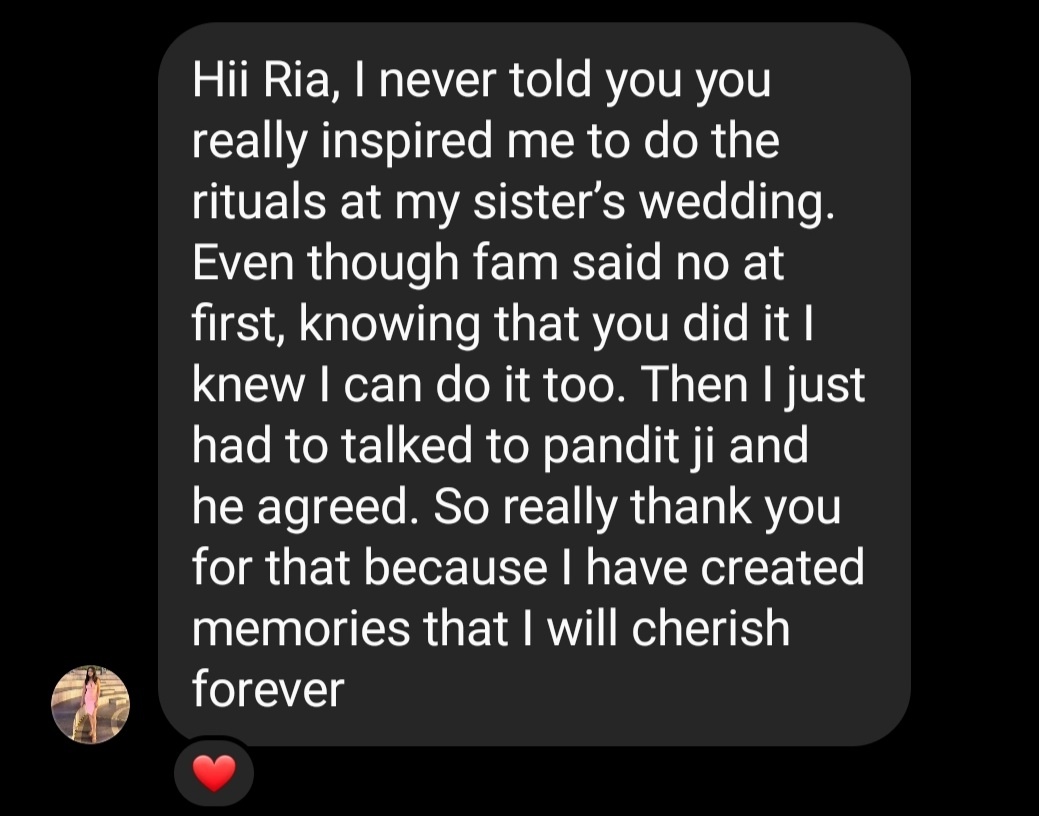 riachops's tweet photo. My sister got married earlier this year &amp; I wrote about how we tweaked the wedding ceremonies to let me do rituals traditionally (patriarchally) done by brothers. Today I got a DM from a friend who saw my story &amp; got inspired to ask for the same at her own sister's wedding too 🥺 https://t.co/m3mqKwUjwd