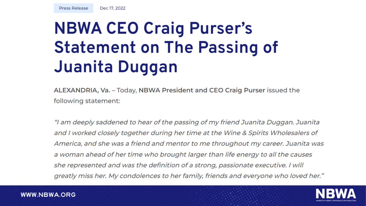 NBWA President and CEO Craig Purser issued the following statement on the passing of Juanita Duggan: nbwa.org/press-release/…