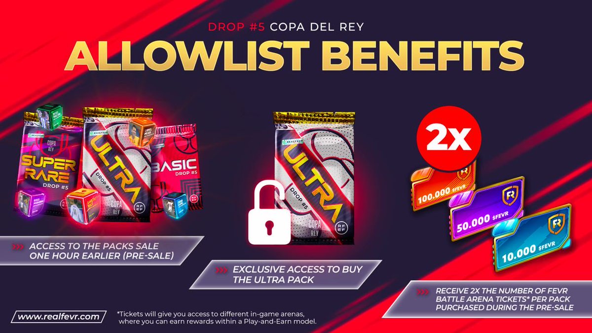 realfevr's tweet photo. Drop #5 Copa del Rey Allowlist Benefits 👑⚽️

- Early access to the packs' sale
- Chance to buy the ULTRA pack
- 2x the number of FBA tickets earned per pack purchased during the Pre-Sale 🤯

Do not miss this chance! Secure your allowlist spot here ⬇️
https://t.co/zUsf9yRl9R https://t.co/5s9cbyfJwI