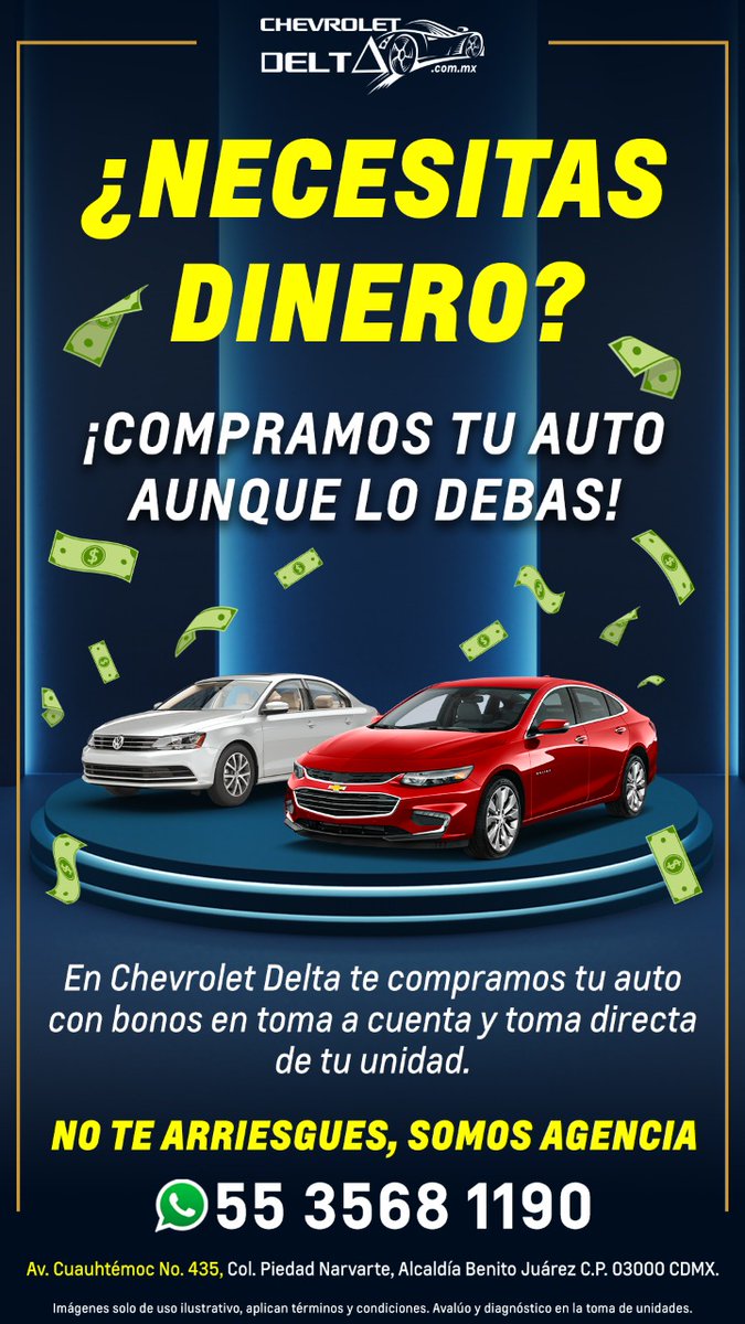 ChevroletDelta's tweet photo. Valua tu auto con nuestros expertos
Déjanos tu auto ¡Sin sorpresas, ni complicaciones!📲55 3568 1190 para saber si tu auto aplica en esta promoción, necesitaremos estos datos para su evaluación:
📌Modelo
📌Marca del auto
📌Año
📌Kilometraje
📌Tipo de factura
¡No lo pienses más!🫡 https://t.co/mcEtAN5JFZ