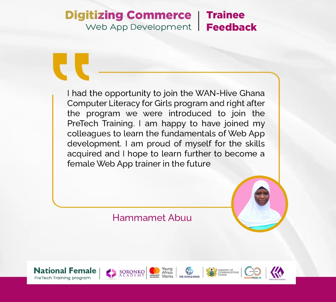 WAN_HiveGH's tweet photo. 𝐍𝐚𝐭𝐢𝐨𝐧𝐚𝐥 𝐅𝐞𝐦𝐚𝐥𝐞 𝐏𝐫𝐞-𝐓𝐞𝐜𝐡 𝐓𝐫𝐚𝐢𝐧𝐢𝐧𝐠 - 𝐃𝐢𝐠𝐢𝐭𝐚𝐥 𝐂𝐨𝐦𝐦𝐞𝐫𝐜𝐞
Here is a feedback from Hammamet Abuu, who participated in the three weeks Web App Development training.
#PreTech #WANHiveimpact #ladiesintech #WebAppDev https://t.co/Vqlc4Pkv9j