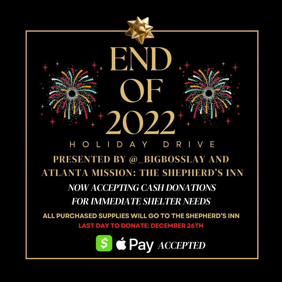 Malayshaaaaaa's tweet photo. ANNUAL HOLIDAY DRIVE: YEAR 5💕 All cash donations will go toward the bulk purchase of immediate-need items for The Shepherd’s Inn, which is a mens homeless shelter in Downtown ATL! Spread the word🖤✨ https://t.co/Atmub9ucFt