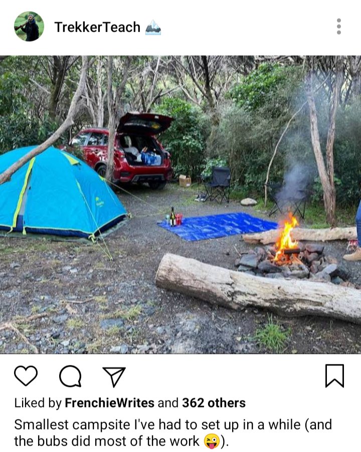 Ed's IG. Photo of campsite; tent, car, tarp, fire. Caption reads "smallest campsite I've had to set up in a while (and the bubs did most of the work) 