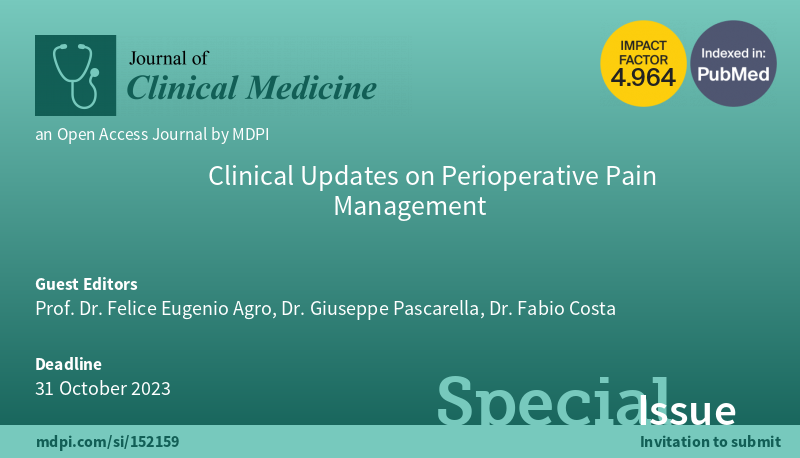 It is a great pleasure to serve as Guest Editor together with <a href="/ProfAgro/">Prof. Agrò Felice E.</a>  and <a href="/FabioCostaAnest/">Fabio Costa</a>  for this new Special Issue on <a href="/JCM_MDPI/">JCM MDPI</a> regarding Perioperative Pain Management. 🔗mdpi.com/journal/jcm/sp…

 <a href="/ESRA_Society/">ESRA | European Society of Regional Anaesthesia</a> <a href="/ASRA_Society/">ASRA Pain Medicine</a> <a href="/NYSORA/">NYSORA</a>