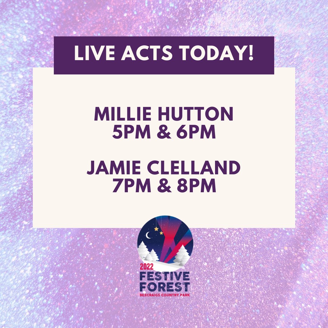 BeecraigsFF's tweet photo. Our live acts today...

MILLIE HUTTON MUSIC
5PM &amp; 6PM

JAMIE CLELLAND MUSIC
7pm &amp; 8PM

TICKETS SELLING FAST< https://t.co/8MqcEtvUoO 

We can’t wait to see you!

The BFF Team

🎄👍🏻🎅🏻

#BFF22
#beecraigsfestiveforest22
#livemusic
#theoriginalandbest
#biggerandbolder https://t.co/fQHRZ6qxqu