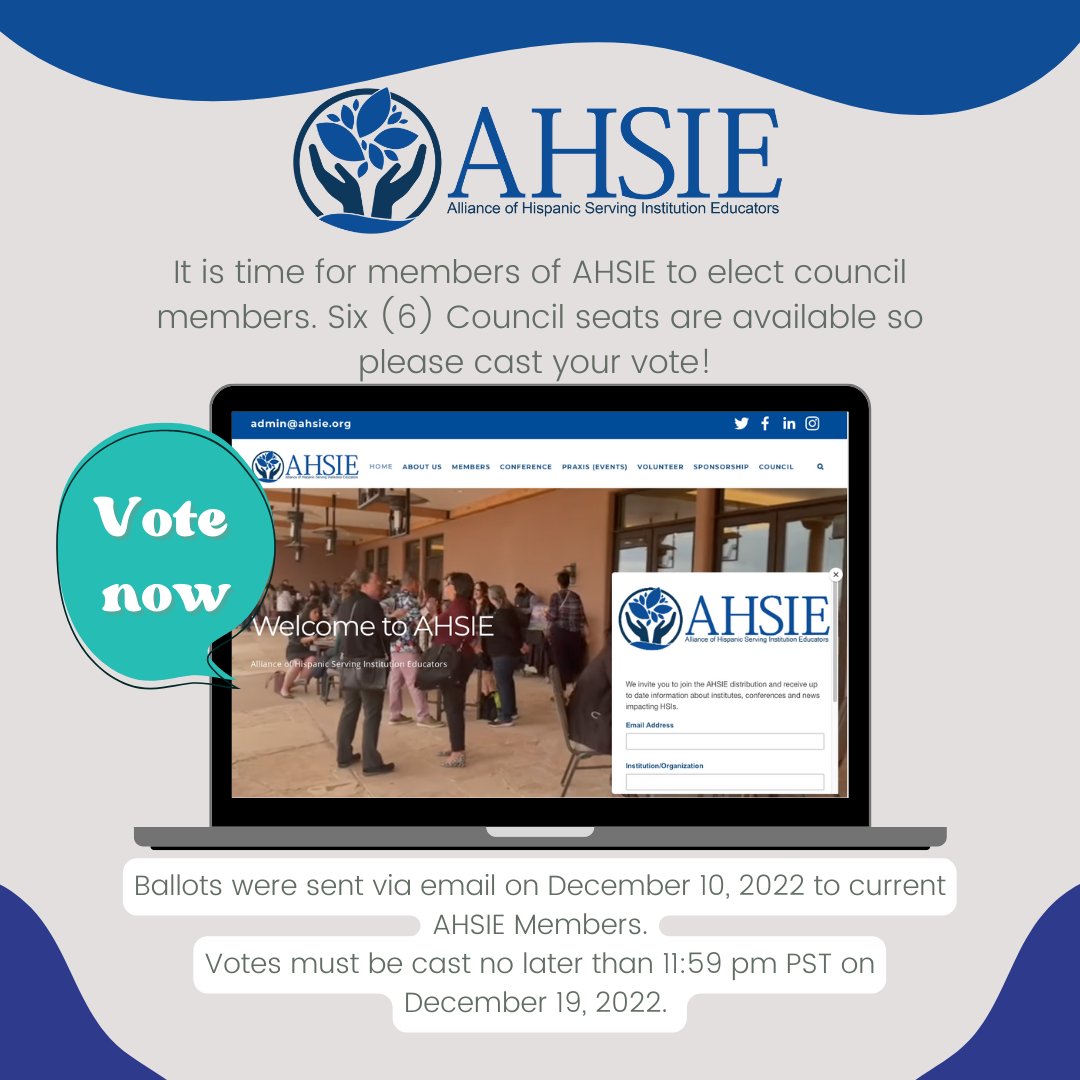 ahsieducators's tweet image. It is time to cast your vote! We are seeking six Council members for the AHSIE Council. Current AHSIE members, please check your email for your ballot and information regarding the nominees. Voting is open until 11:59 pm PST on December 19! #ahsieeducators #ahsie #hsi @AhsieED