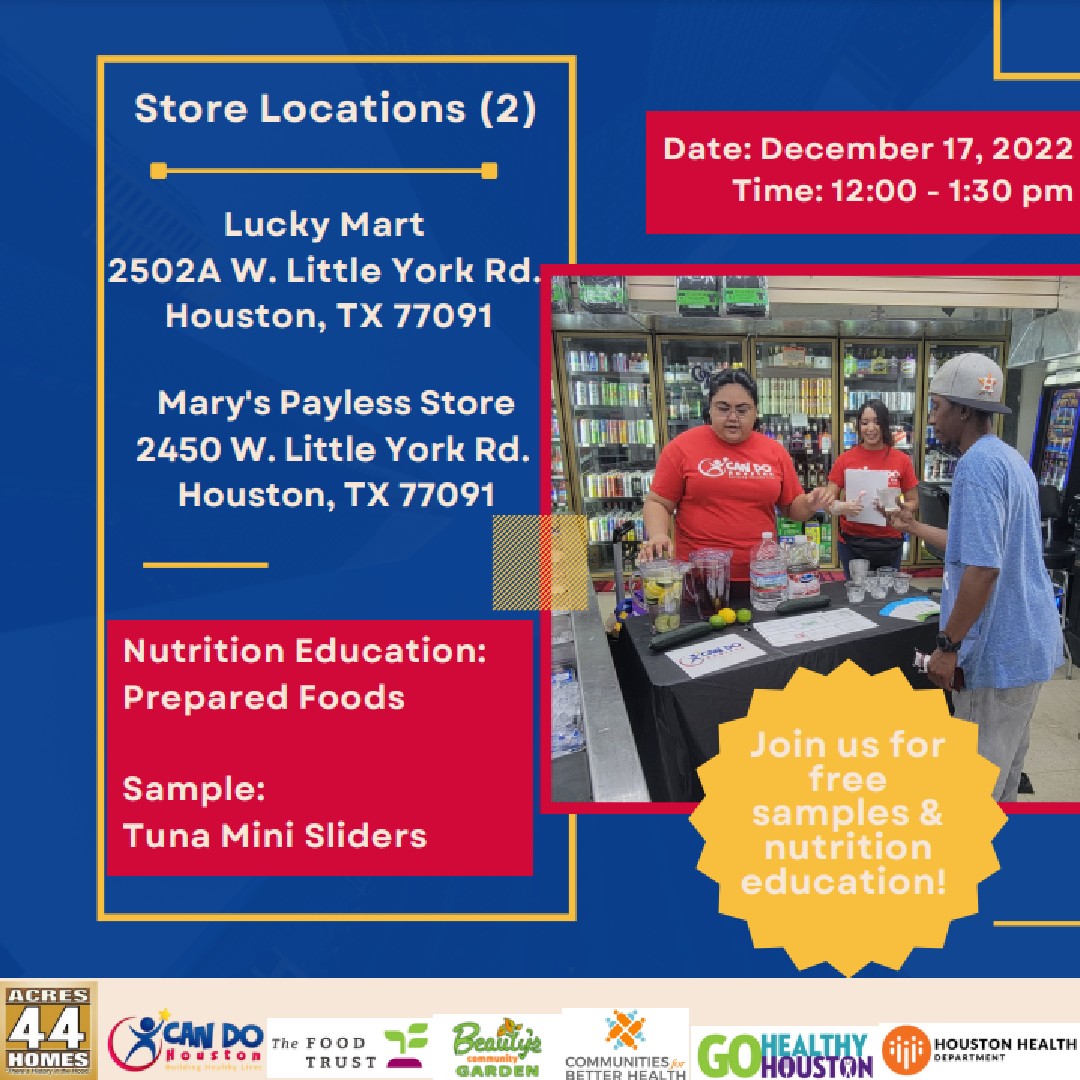 Join us today at the Acres Homes Healthy Corner Stores for our food demonstrations from 12:00-1:30 pm! <a href="/HoustonHealth/">Houston Health Dept</a> <a href="/GoHealthyHTX/">gohealthyhtx</a> <a href="/thefoodtrust/">The Food Trust</a> 
#CANDO #CANDOHouston #HealthyCornerStores #HealthyFoodAccess #CommunitiesforBetterHealth #AcresHomes