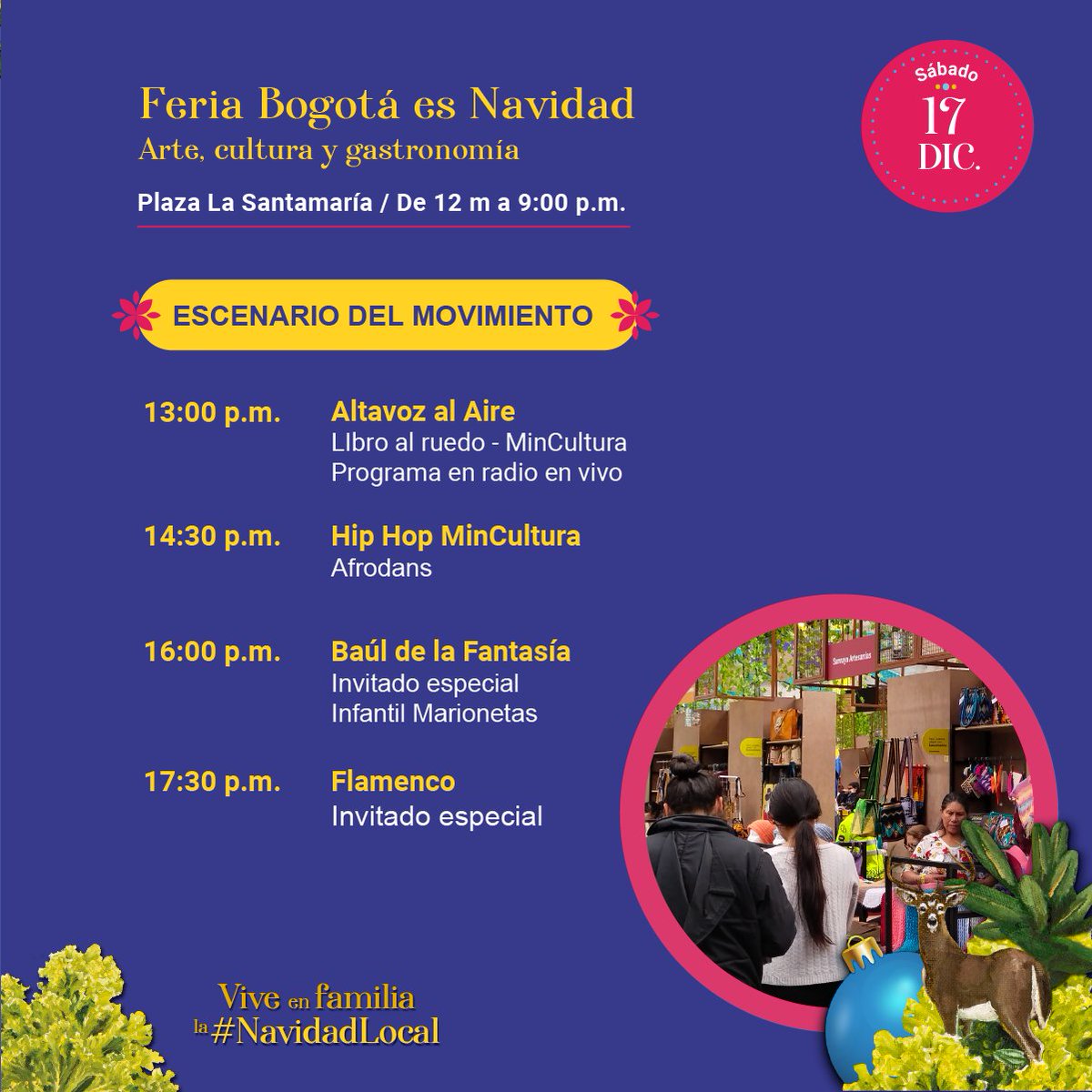 CulturaenBta's tweet photo. Hoy te esperamos para vivir juntos la #NavidadLocal con la Feria Bogotá es Navidad en la Plaza la Santamaría.🎄

Ven y disfruta los shows musicales a cargo de la @filarmonibogota, @PHONOCLORICA y nuestra invitada especial @AdrianaLucia.🎶
Programación acá:
https://t.co/yl6k2G6g8A https://t.co/qY87kSTvQk