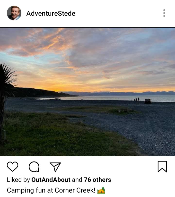 Stede's IG. Photo of beach at sunset. Caption reads "camping fun at Corner Creek!" 