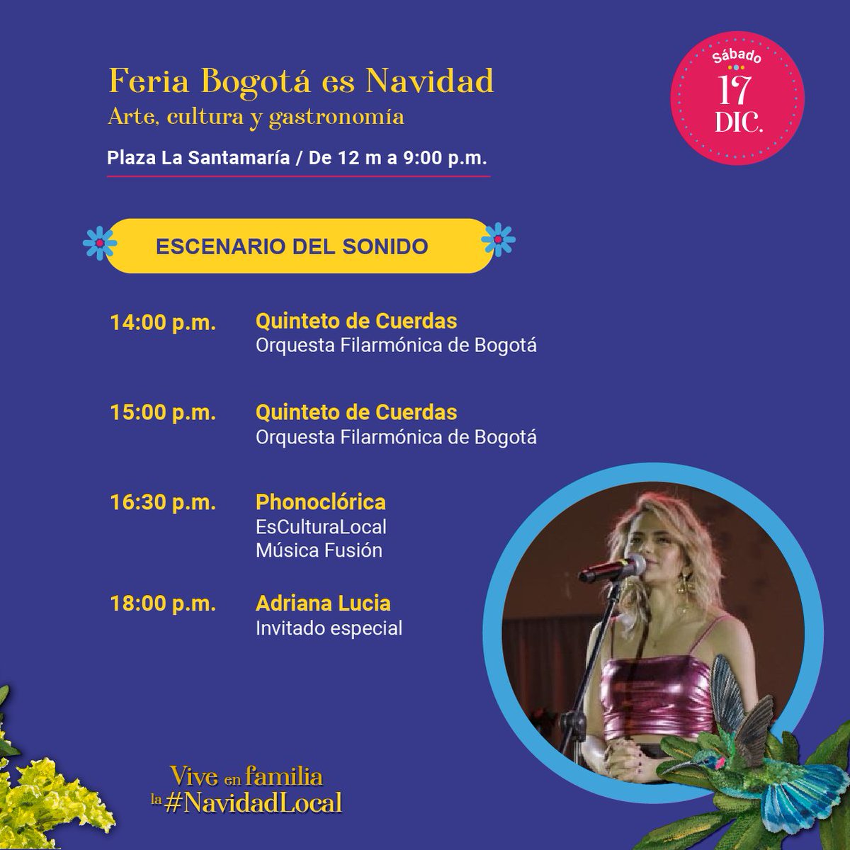 CulturaenBta's tweet photo. Hoy te esperamos para vivir juntos la #NavidadLocal con la Feria Bogotá es Navidad en la Plaza la Santamaría.🎄

Ven y disfruta los shows musicales a cargo de la @filarmonibogota, @PHONOCLORICA y nuestra invitada especial @AdrianaLucia.🎶
Programación acá:
https://t.co/yl6k2G6g8A https://t.co/qY87kSTvQk