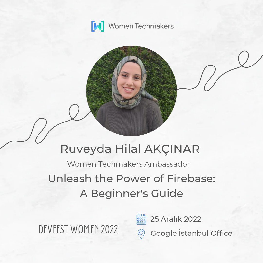 Women Devfest 2022 etkinliğinin ilk konuşmacısı Ruveyda Hilal Akçınar 🤩

Ruveyda Hilal Akçınar , “Unleash the Power of Firebase: A Beginner's Guide”  sunumu ile bizlerle birlikte olacak.🎉
🎫Etkinliğe katılım sınırlıdır, hemen yerini ayır.
📌Kayıt ol bit.ly/devfestwomen22