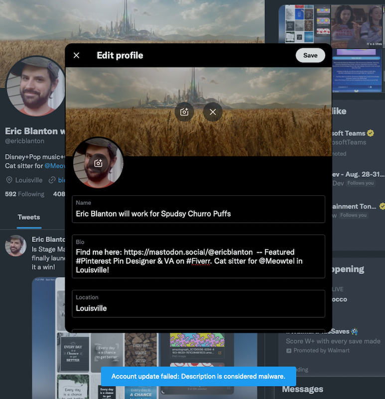 ericblanton's tweet photo. FYI: Twitter will not let me put a link to my #Mastodon account in my bio. Gives me a 'malware alert'. Sad state of affairs on here.  mastodon. social/ @ ericblanton https://t.co/uwfcYf05uc