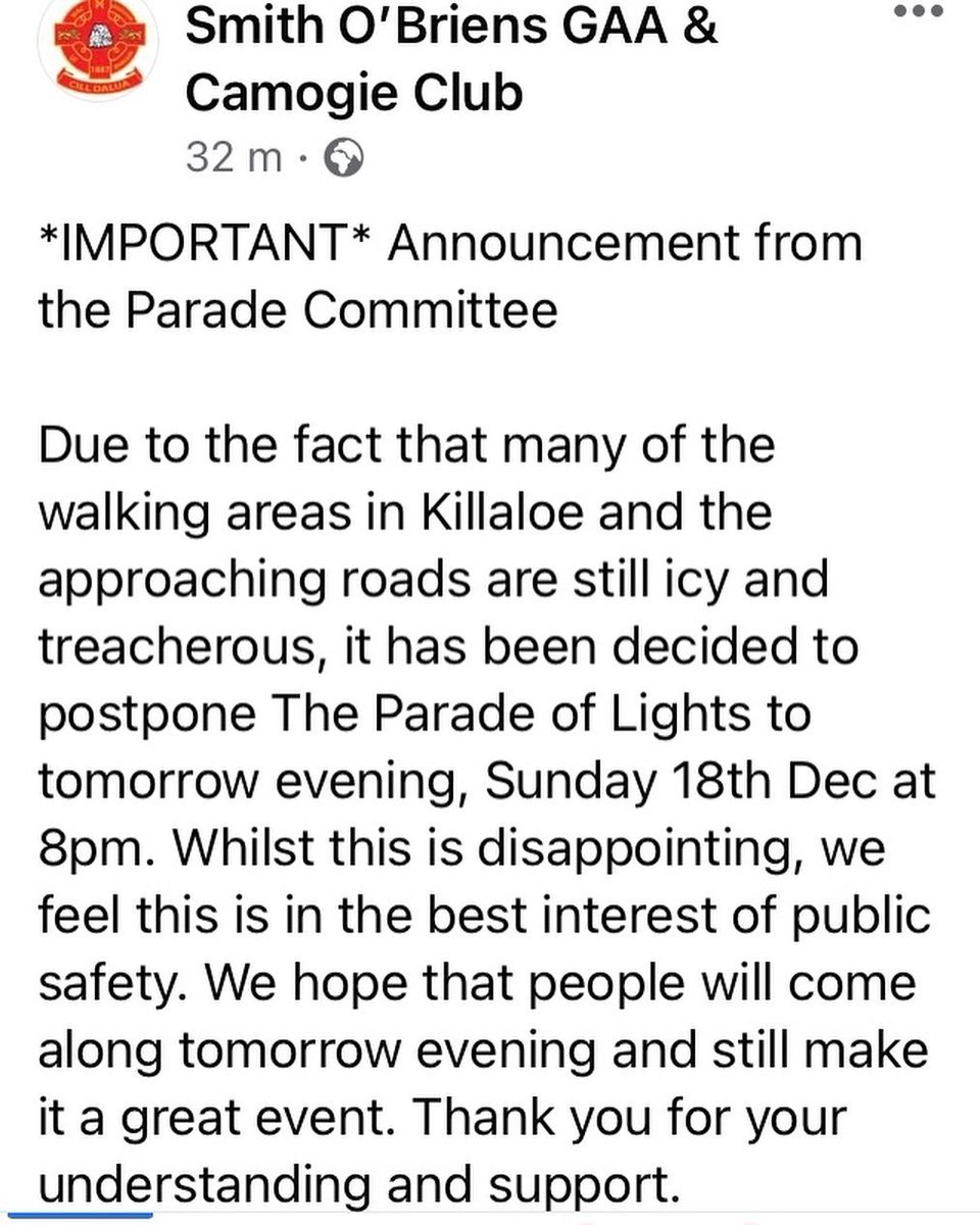 StFlannansCath's tweet photo. We just heard the Parade of Lights has been postponed until tomorrow eve at 8pm due to the icy conditions. So now we have 2 joyful events tomorrow to look forward to - our Carol Service at 11.30am and the Parade at 8pm.🙏 https://t.co/emU0psQQ1Q