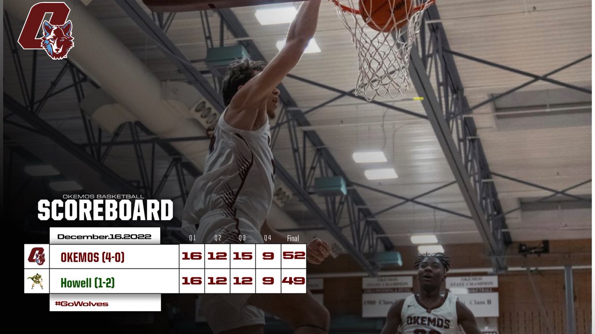 OkemosBoysHoops's tweet photo. Final Scores from last nights games at Howell. 
Varsity won 52-49
JV lost 60-64 (OT)
Freshman lost 54-56

Wild finish to the varsity game as KJ Torbert sinks a half court shot for the win! 
#GoWolves @brian_calloway @AudreyDahlgren @Jellis1016 https://t.co/A9F1Gru2d2