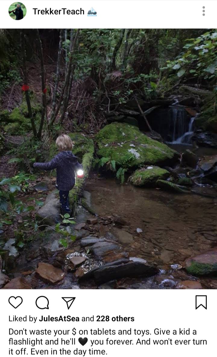 Ed's IG. Photo of little boy in woods with a flashlight. Caption reads "don't waste your $ in tablets and toys. Give a kid a flashlight and he'll 💖 you forever. And won't ever turn it off. Even in the day time. 