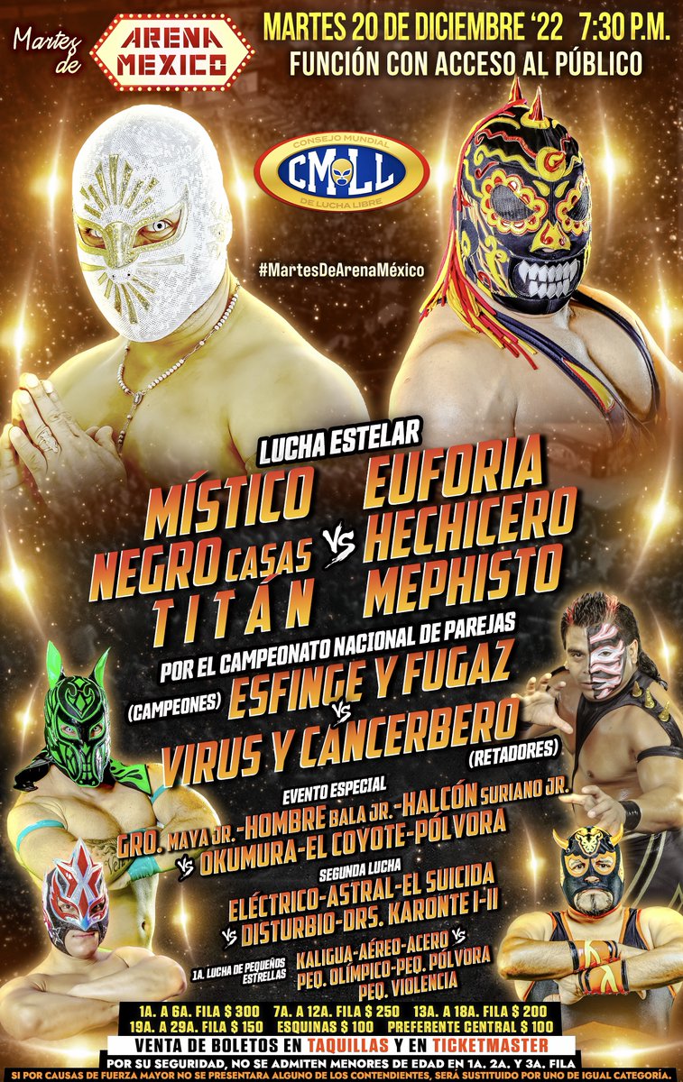 CMLL_OFICIAL's tweet photo. 🔜
📍Arena México 
🗓️ Martes 20 de diciembre '22
🕣 7:30 p.m. 

🎟️ Boletos en taquillas o en Ticketmaster:
https://t.co/uZUH17UY83

#MartesDeArenaMéxico https://t.co/e3ZpFrhnRP