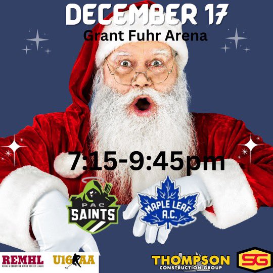 U16AAPACSaints's tweet photo. HO HO HO… last #HomeGame of the year tonight at the #GrantFuhrArena vs @MLACu16AA #HockeyNight #HOOYAH #WarriorMentality
.
Thanks to our sponsors @StandardGeneral and #ThompsonConstructionGroup #GoSaints #StrongFinish #SantaIsWatching https://t.co/dQoJKOctpH