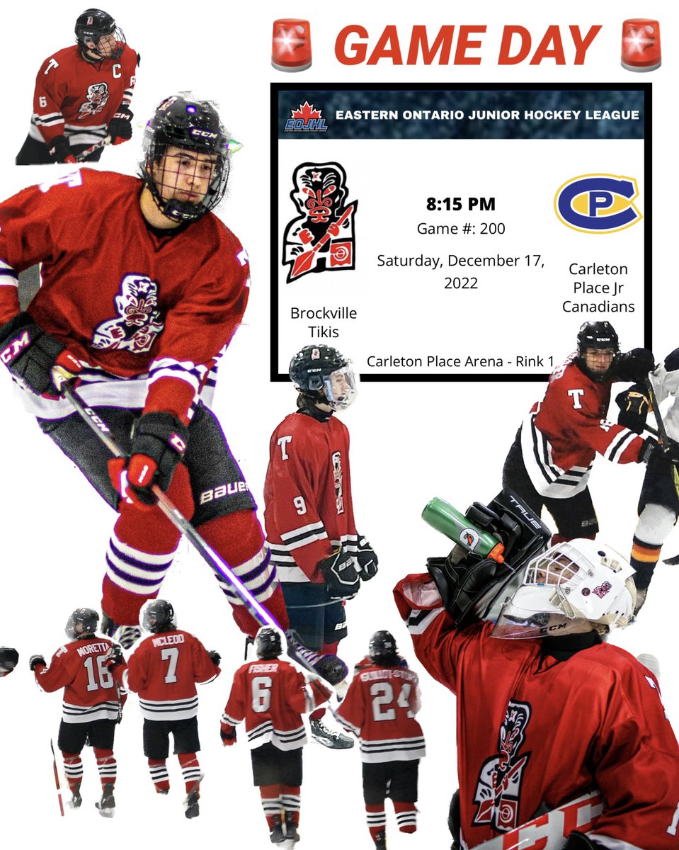 🚨GAME DAY!🚨 The Tikis are on the road again tonight for a game against the Carleton Place Jr. Canadians. Puck drop at 8:15pm at the Carleton Place Arena. Let’s roll Teeks!! #TikisGameDay #BrockvilleTikis #tikitime #rollteeks #EOJHL