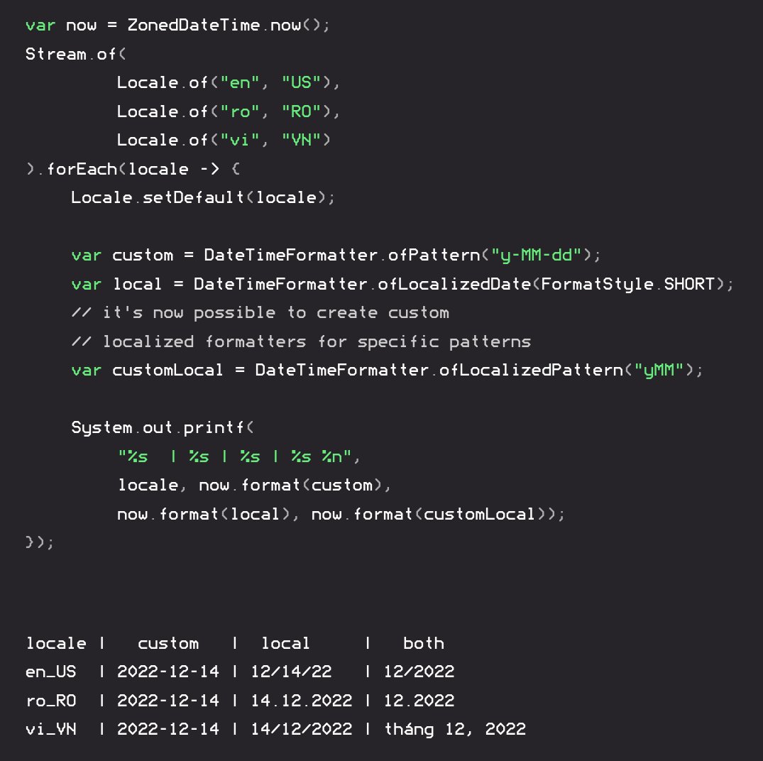 nipafx's tweet photo. #17: Custom Localized Date-Time Formats
You can have a `DateTimeFormatter` with a custom pattern: `ofPattern("y-MM-dd")`
You can have a localized one, too:
`ofLocalizedDate(FormatStyle.SHORT)`
And since #Java19, custom localized one works, too: `ofLocalizedPattern("yMM")` https://t.co/wNAMVf7WF9
