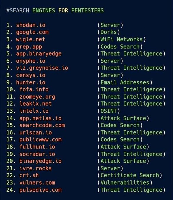Top Search Engines for Pentesters 

#CyberAttack #cybercrime #PenTest #Pentesting #CyberSecurity #tech #infosec #hacked #hackers #linux #Hacking #community #technology