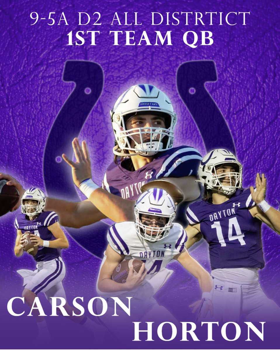Congrats to Carson Horton for being named 1st Team All-District QB for District 9-5A Division 2. #TheShoe #NoAnchors @DISDBroncoPride @daytonbroncos1 @Carson_Horton8