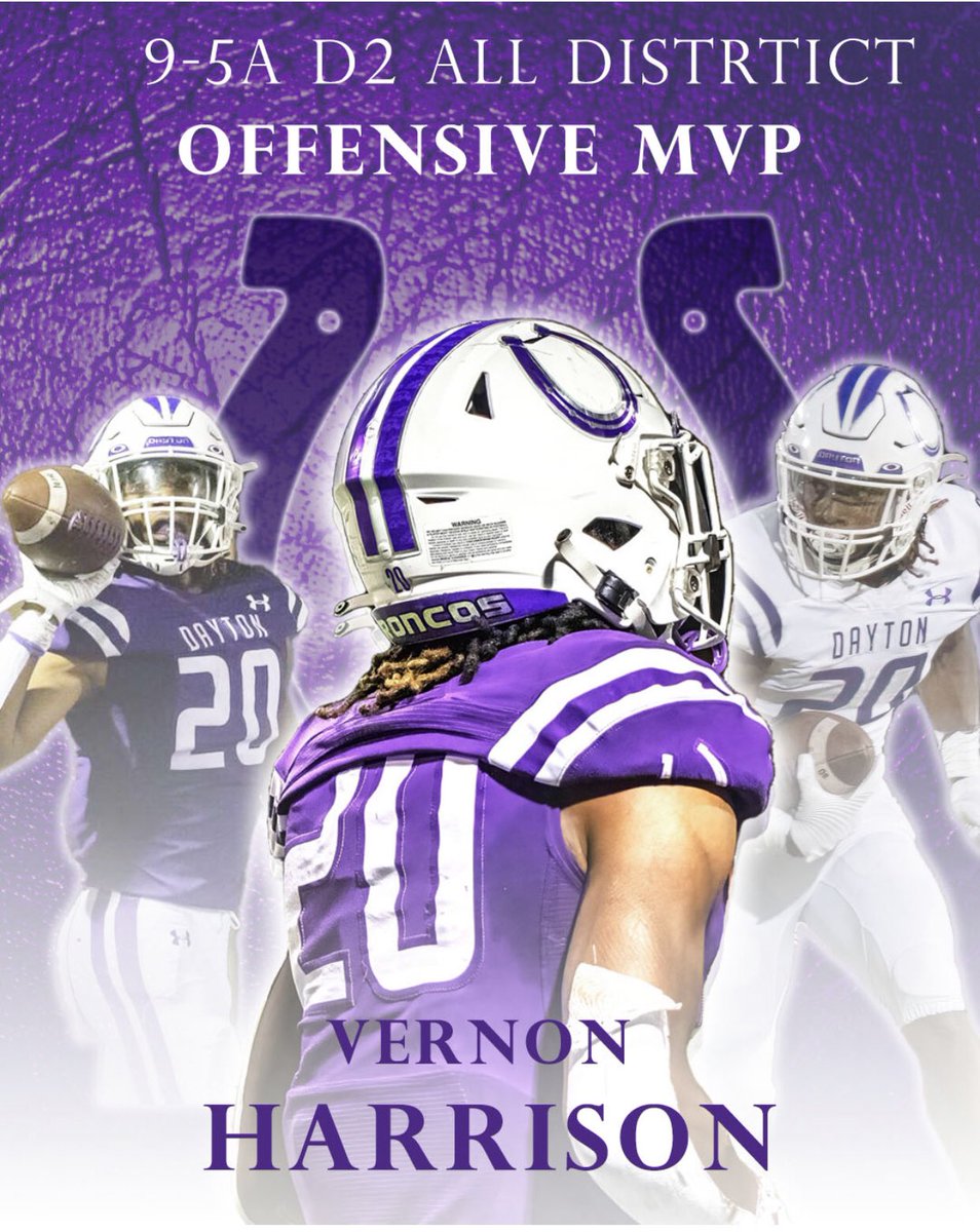 Congrats to Vernon Harrison for being named Offensive MVP for District 9-5A Division 2. #TheShoe #NoAnchors @DISDBroncoPride @daytonbroncos1 @Vnon2023
