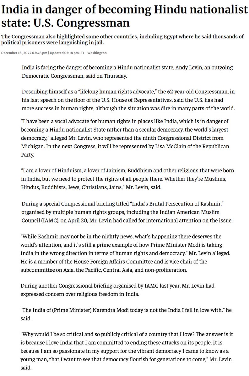 Outgoing US Congressmen #AndyLevin spoke out against India's increasing religious intolerance, political prisoners, and the spread of #HinduNationalism in his last speech at the US House of Representatives.