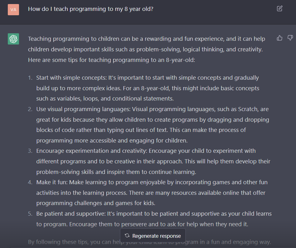 ClassroomAI's tweet image. Teaching tips from Chat GPT on teaching programming to 8 year olds!