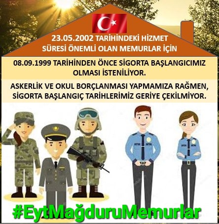 @sgksosyalmedya 4759 sayılı kanun ile son hali verilen, 5434 sayılı kanunun Geçici 205'inci maddesine göre; 23.05.2002 tarihinde Görevde olan ve Kalan Hizmet Süresi 22 yıldan az olan herkes Kademeli Emeklilik Geçiş Yaşlarına kapsamına KANUNEN girmelidir. #EytMağduruMemurlar