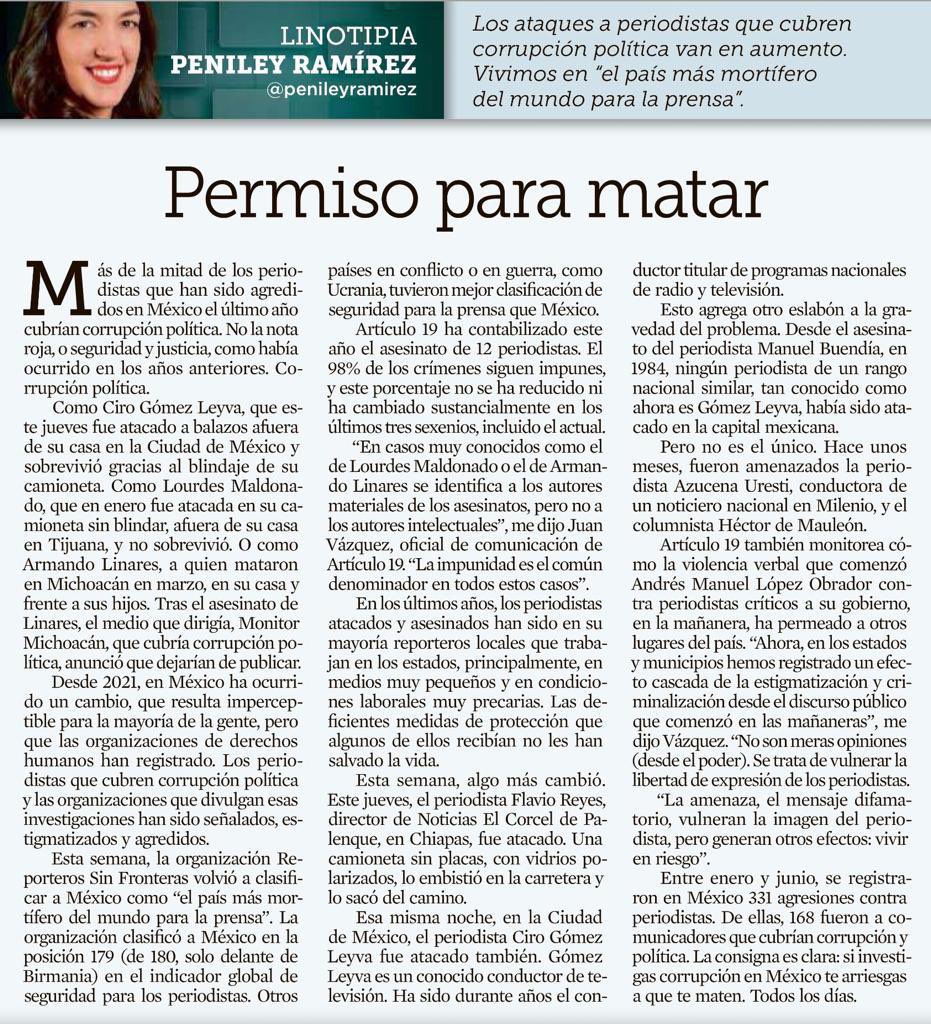 EmilioAlvarezI's tweet photo. “Más de la mitad de los periodistas que han sido agredidos en México el último año cubrían corrupción política. No la nota roja, o seguridad y justicia, como había ocurrido en los años anteriores”; @penileyramirez.
@Reforma @GobiernoMX @SEGOB_mx https://t.co/PHz58izmQK