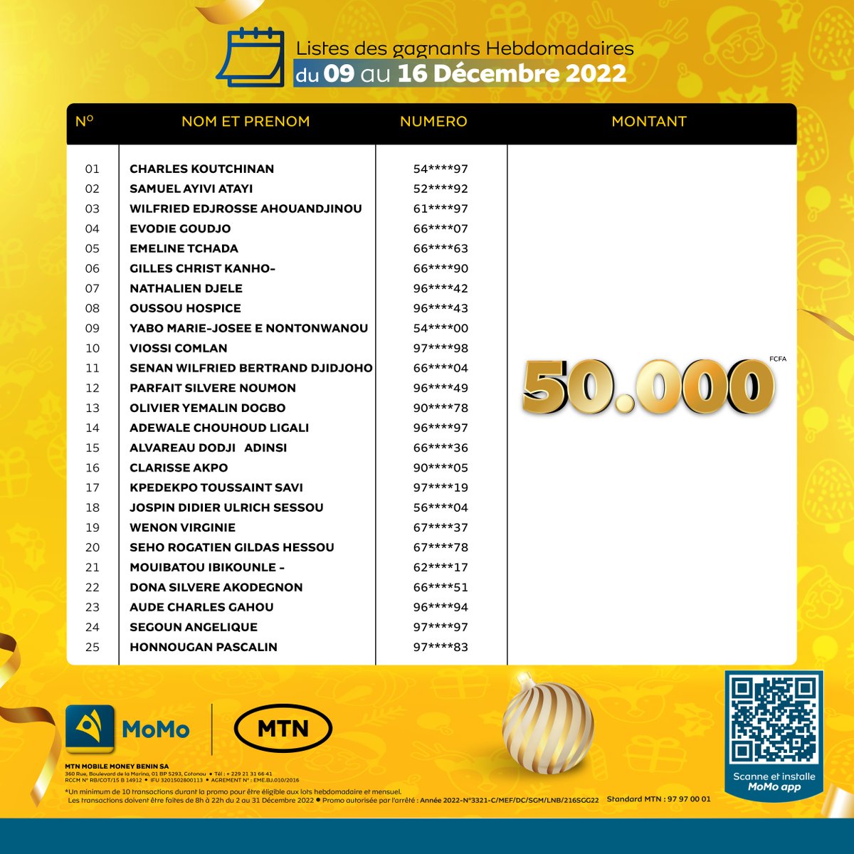 Listes des gagnants hebdomadaires de la promo MoMo du 09 au 16 Décembre 2022🤩🥳
##MTNRéseauN1