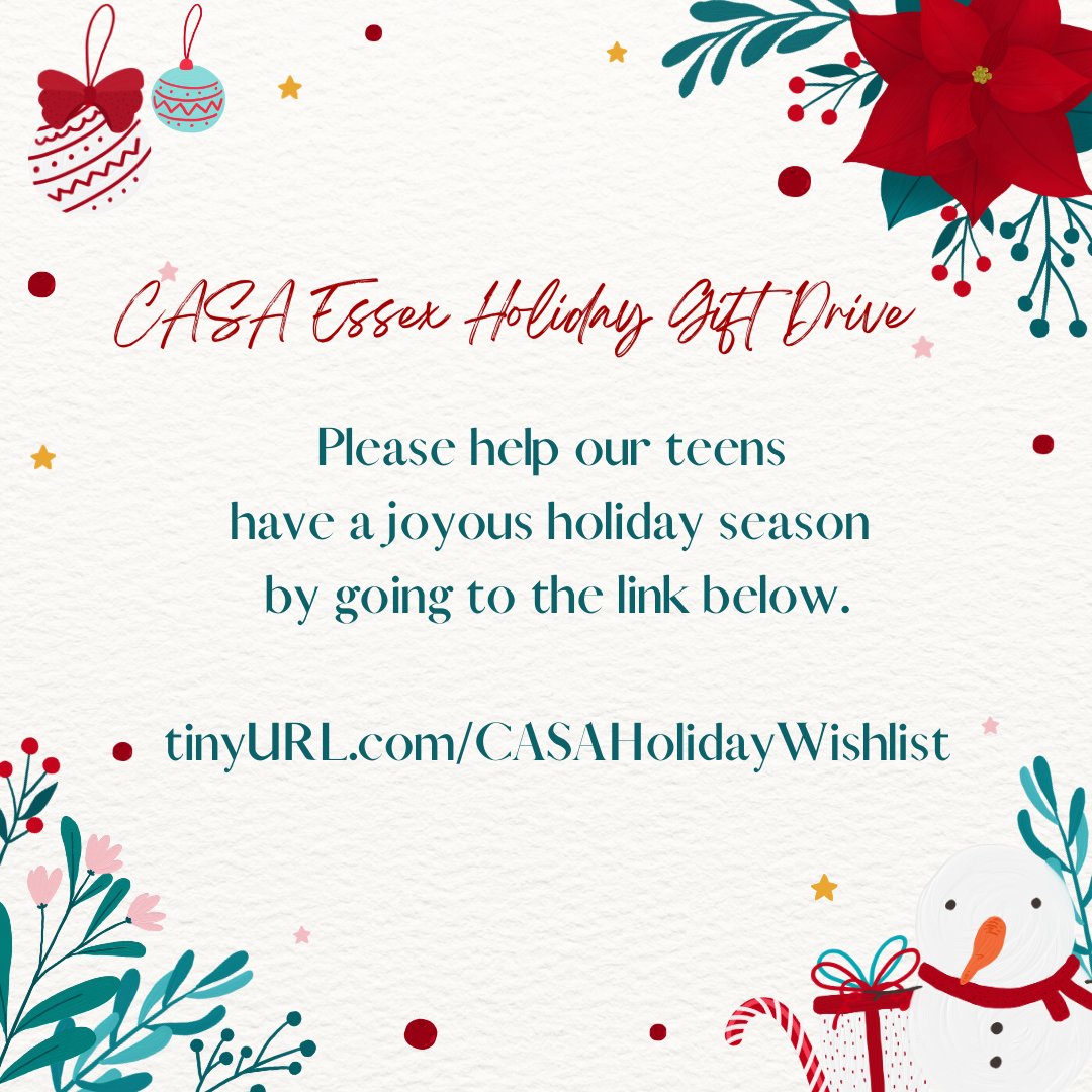 EssexCASA's tweet photo. The holiday season is here... and our Holiday Gift Drive is accepting donations now! Help make the holiday season brighter for our young adults in foster care by donating gifts and essentials.

To learn more and donate, visit https://t.co/RfBv20Gyk9! https://t.co/1GRXTVnHds