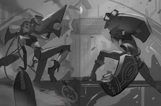 BISEXUALPOMNI's tweet photo. concepts for jinx and vi's promo art on wild rift https://t.co/vetq2Tt9in