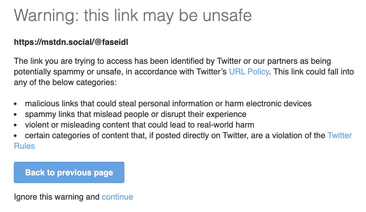 faseidl's tweet photo. This is a sign of desperation. Twitter is telling people that Mastodon sites could be malicious sites that steal personal information... or worse.
Mr. Free-Speech-Advocate is really Mr. Free-Speech-Hypocrite who is afraid of truly free speech or truly free markets.
#Eloff https://t.co/iED1elvkbM