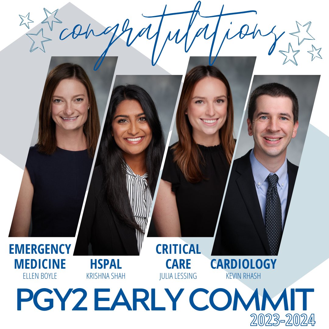 Congratulations to the PGY1s who have early committed to stay at Duke💙 for their PGY2s! Ellen Boyle ▶️ Emergency Medicine | Krishna Shah ▶️ HSPAL | Julia Lessing ▶️ Critical Care | Kevin Rhash ▶️ Cardiology. Looking forward to another year of learning 💊!