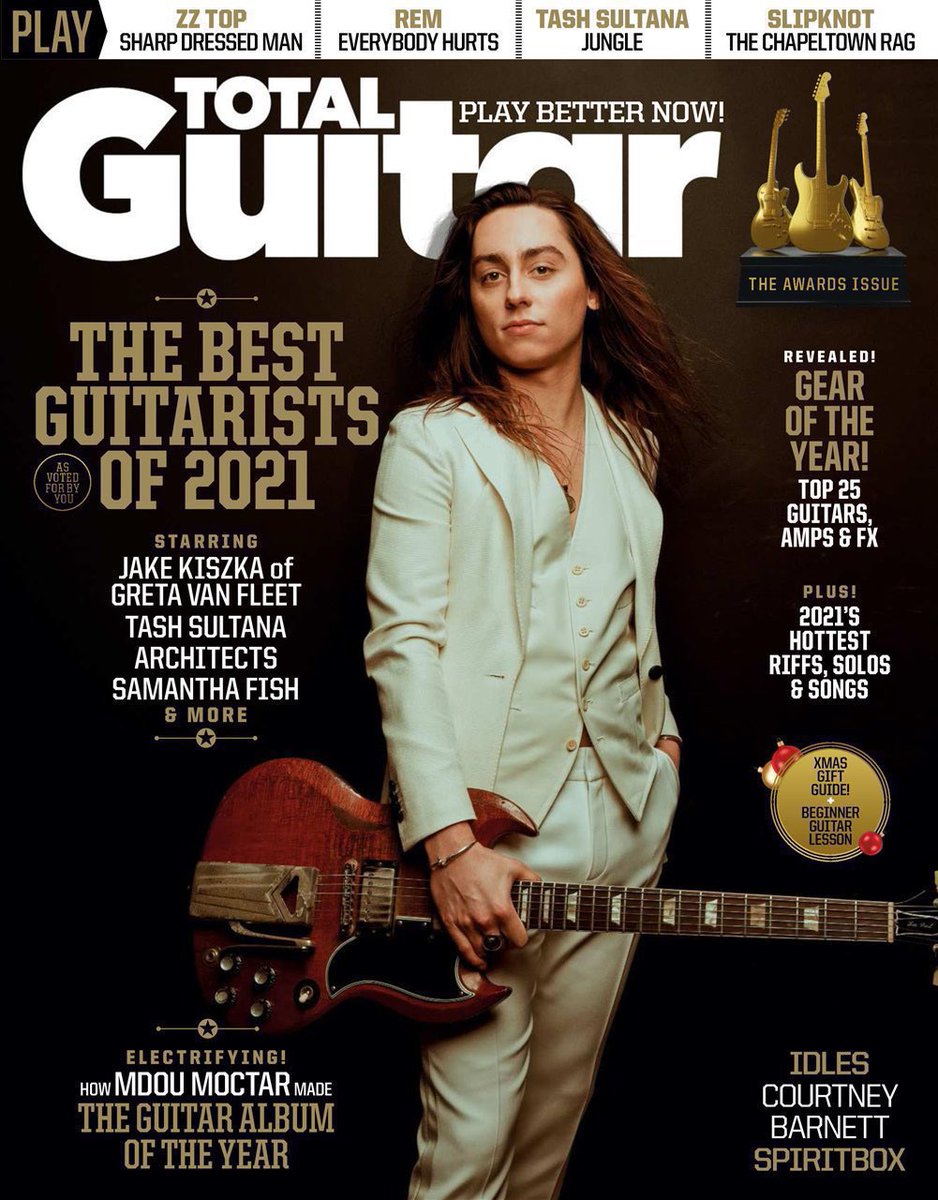 UpdateGVF's tweet image. 1 year ago today, Jake Kiszka was named Best Guitarist of 2021 by Total Guitar. Since then, Jake has played 62 shows that varied from headlining sold-out arenas to stadiums opening for Metallica. He was also named Hottest Guitarist by Guitar World. #GretaVanFleet