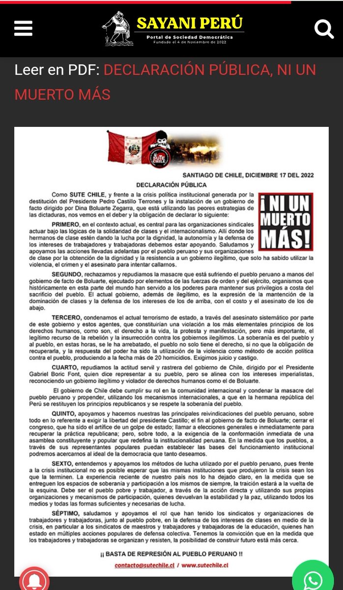 nomedigaspaz's tweet photo. Los amigos de Sute y sus hermanos Sute clasista Lima en comunicado por violencia policial y estatal con el pueblo Peruano movilizado.
@SUTECHILE @SUTE_CHILE @Murosyresisten @RadioTVLiberaci @RplazaDignidad https://t.co/xU7sTEwu06