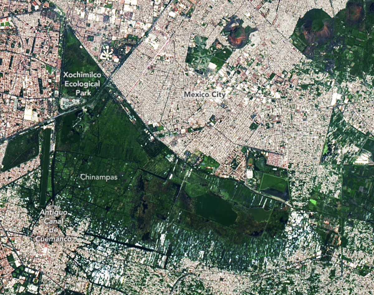 #Landsat 9 captured this image of Mexico City, still showing the signs of an ancient network of canals and chinampas – small stationary “floating” garden beds – in the Valley of Mexico. go.nasa.gov/3j4Qf5W