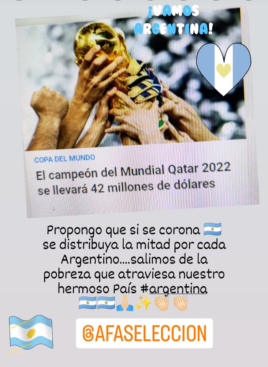 davo949's tweet photo. Propongo que se distribuya sólo la mitad para los habitantes de nuestro País #Argentina , y se mejora la pobreza, la educación , la inseguridad, etc . Vaaaamoosss Argentinaaa 🇦🇷🇦🇷🇦🇷  @afa  @GobiernoArgent3 https://t.co/oO2yBxCQJ3