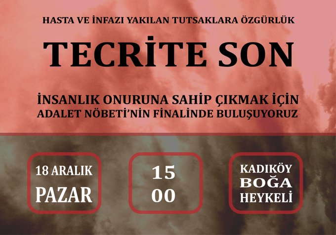 BirlesikGucler's tweet photo. 📌İstanbul
Hasta ve infazı yakılan tutsaklara özgürlük, tecride son!

Hasta ve infazı yakılan tutsakların yakınları tarafından yaklaşık bir yıldır sürdürülen Adalet Nöbeti'nin yarınki (18 Aralık) finalinde buluşuyoruz 

Adalet çığlığına ses vermek insanlık onuruna sahip çıkmaktır https://t.co/LkE8Im7xHu