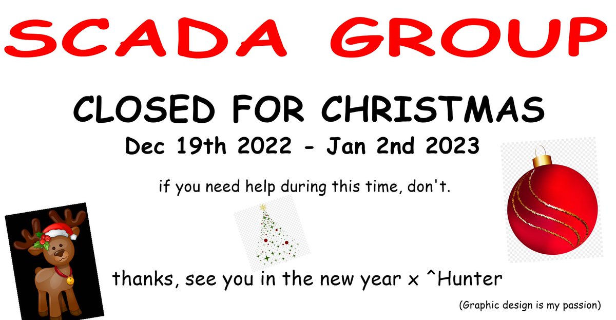 Scada_Group's tweet photo. We're closed over Christmas to allow our team to get a well earned break!
See you all in the new year!
^Hunter
#Roblox #RobloxDev https://t.co/VEJUNv3EcI